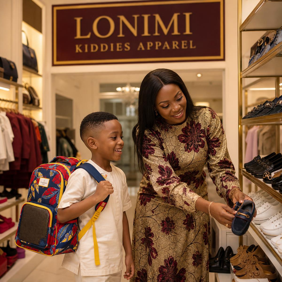 Mother and son shopping at the Lonimi Kiddies Apparel boutique